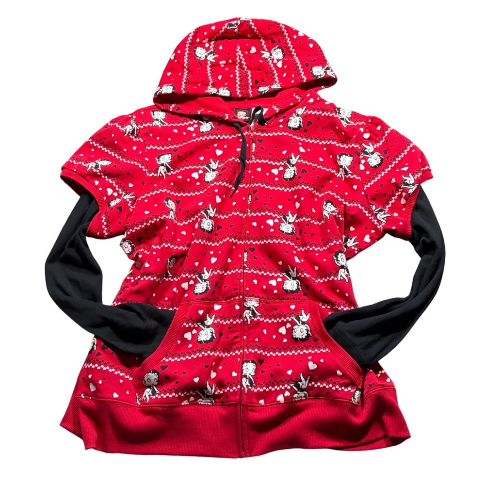 Y2K Betty Boop Red Heart Print Layered Full Zip Hoodie Plus 3X Y2K Style